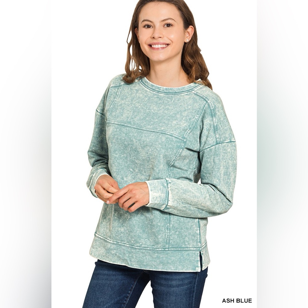 Zenana Acid Wash French Terry Exposed-Seam Pullover - Picture 2 of 4